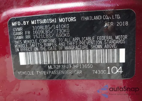 2018 Mitsubishi Mirage G4 Es from USA, damaged, VIN ML32F3FJ3JHF13650